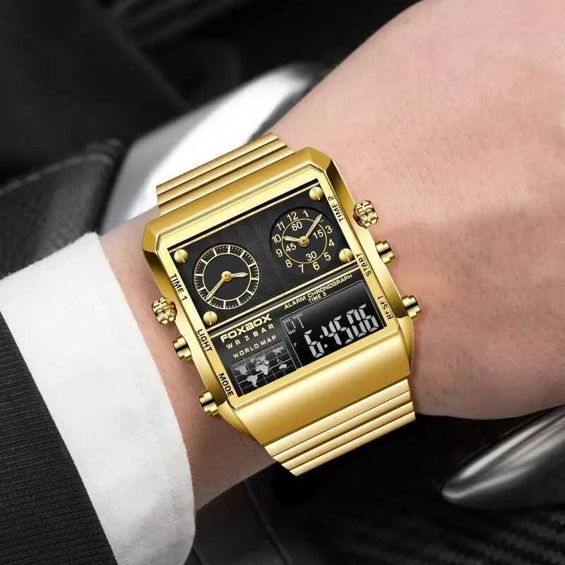 FOXBOX New Creative Square Watch Men Top Brand Luxury Digital Watch Fashion Dual Display Watches For Men Relogio Masculino+BOXX241010
