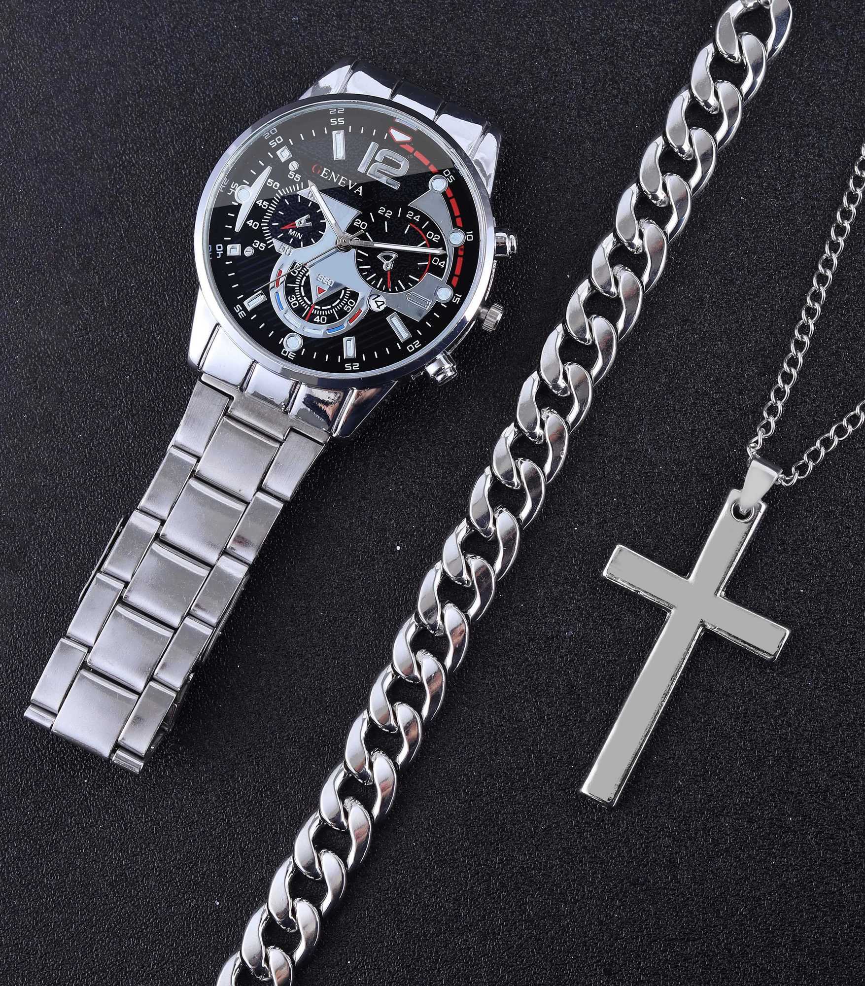 3pcs Business Style Silver White Mechanical design Mens alloy quartz watch with calendar and alloy necklace bracelet setX241010