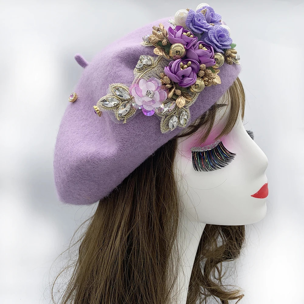 2024 Winter Autumn Womens Beret Hat Flower Diamonds Lady Beanies Cap French Retro Female Head Wrap Bonnet 241009