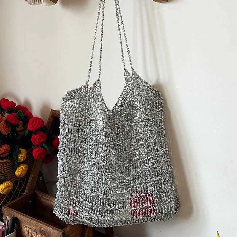 Handmade Crochet Hobo Chic Bag Silver Tote Handbag Ladies Shoulder Fashion Women Summer Beach 241010