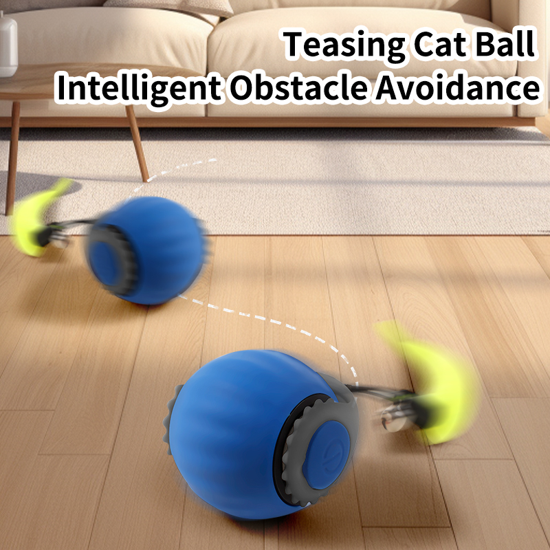 Indoor cat interactive toy ball Fast rolling, chirping and motion activated cat toy on carpet (blue, red)