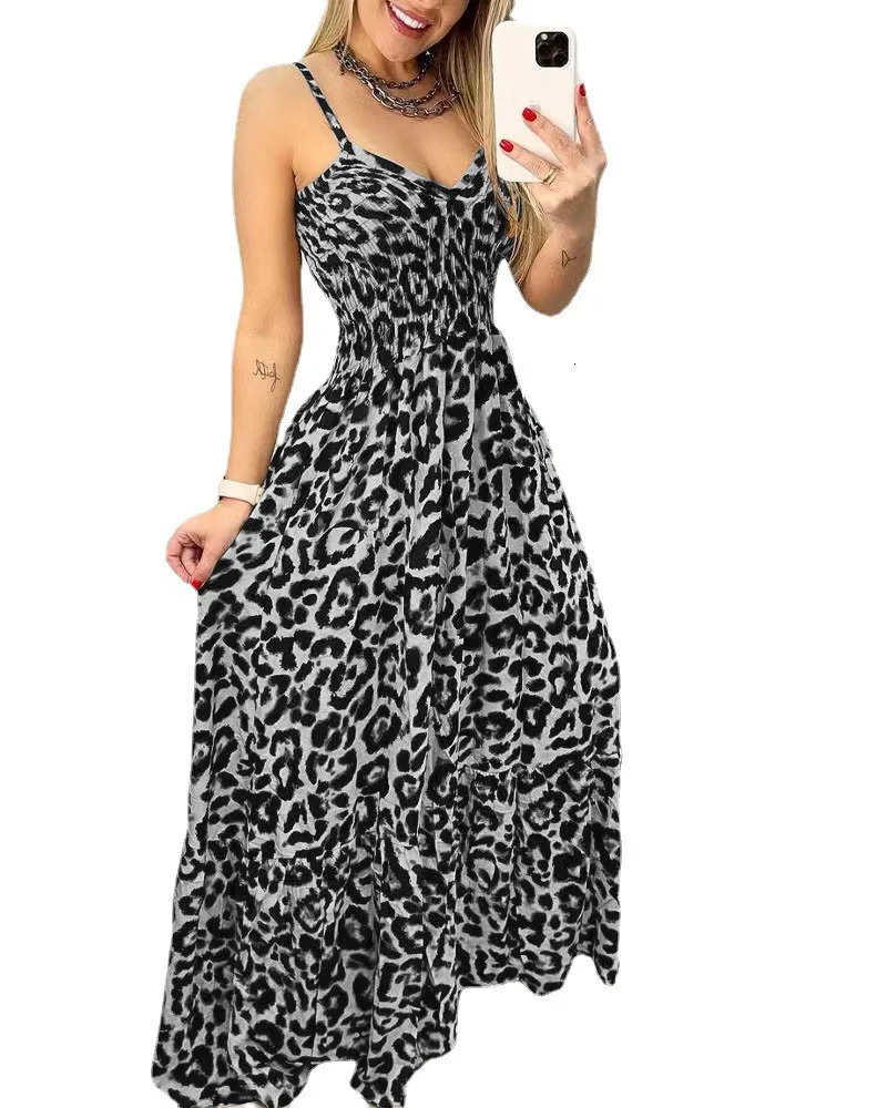 Summer leopard print camisole Vneck dress high waisted skirt sexy temperament long womens clothing plus size 241010