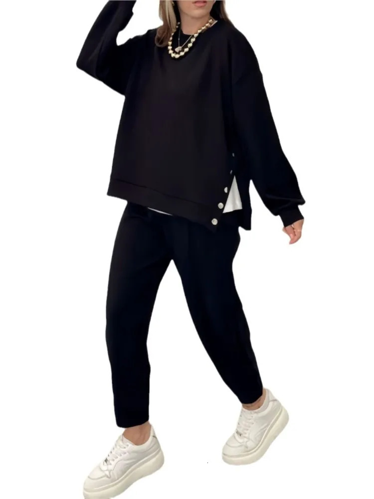 Casual sports style pants set womens solid color button up sweatshirt Trouser twopiece sportswear 241008