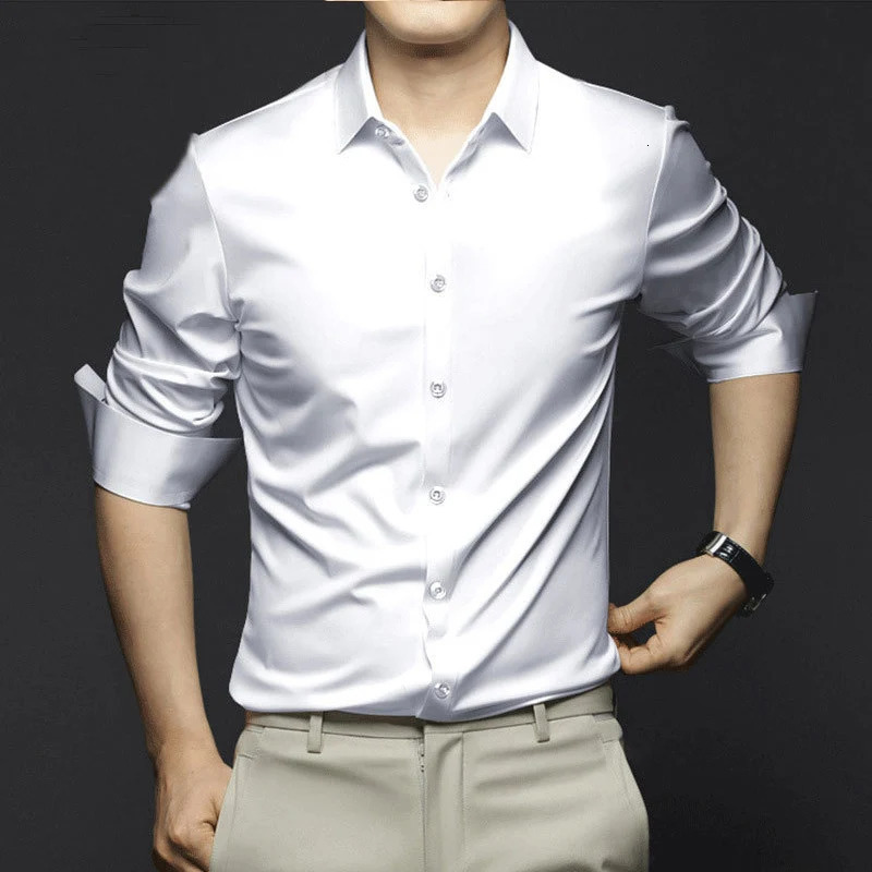 Fashion High Quality Elegant Mens Shirt Social Long Sleeve Solid Slim Fit Casual Formal Business Silk Shirts 241010