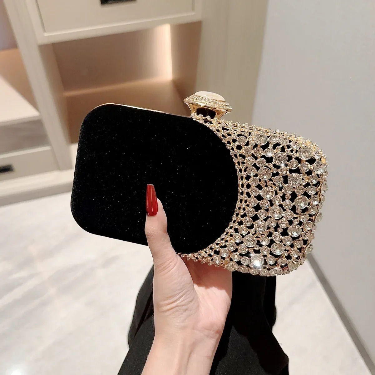 Black Red Velvet Womens Small Clutch Retro Fashion Crystal Diamond Evening Bag Chain Shuld Bag Womens Party Wallet 241008