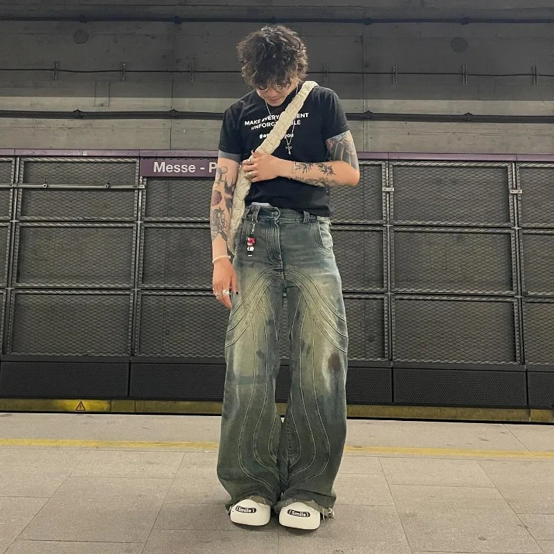 Y2K American Fashion Heavy Industry Blue Laundry Bag Jeans Mens Street Retro Hip Hop Pop Casual High Waist Wide Leg Pants 240929