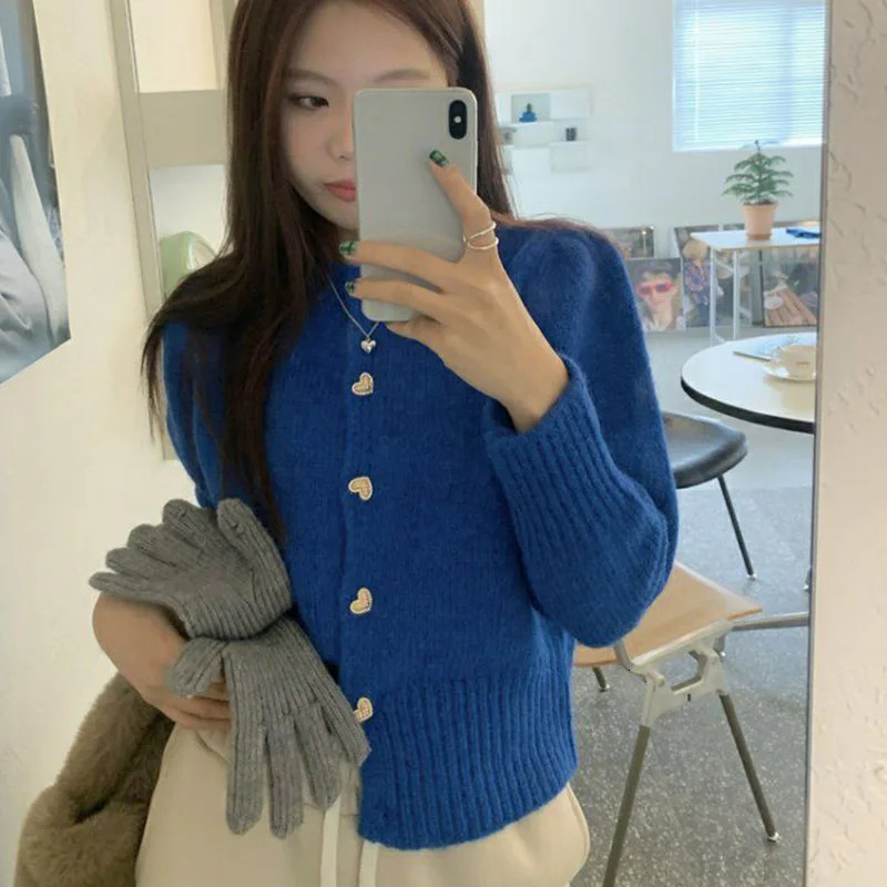 Biyaby Sweet Heart Buttons Sweater Coat Women Autumn Winter Gentle Style Solid Knitted Cardigans Woman Korean Loose Short Jacket 241007