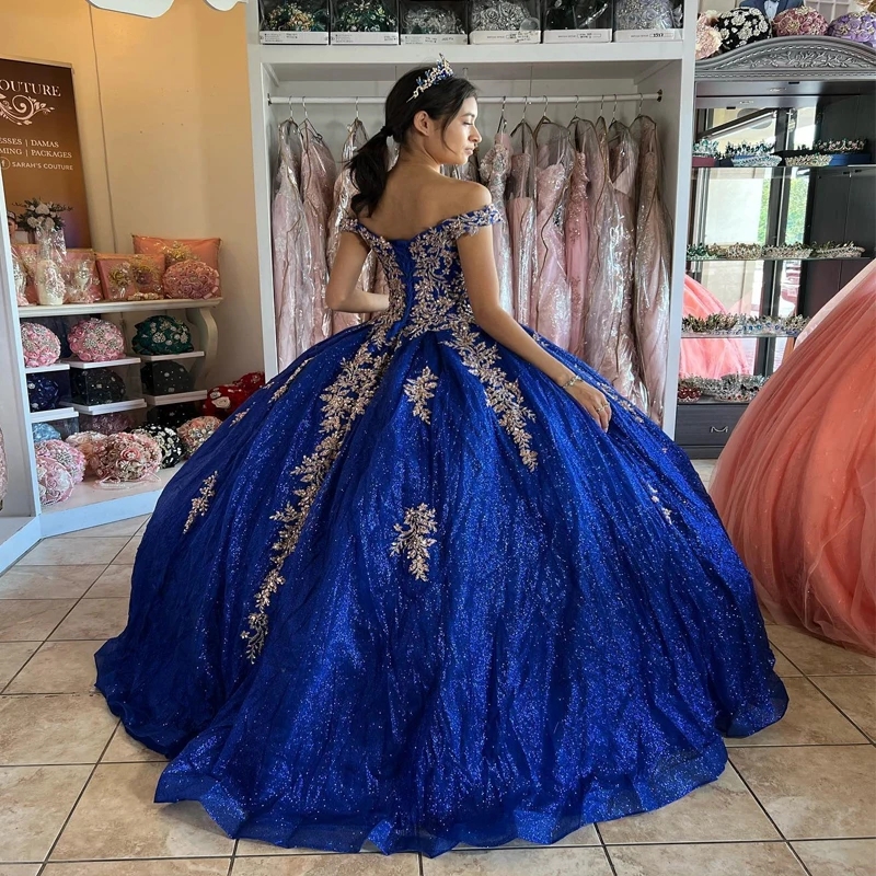 Blue Shiny Princess Quinceanera Dress Ball Gown Off the Shoulder Party Gold Applique Beads Sweet 16 Birthday Dress Vestidos 15 De Anos