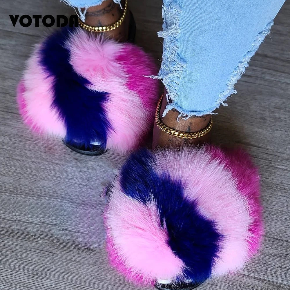 Summer Women Fur Slippers Fluffy Raccoon Fur Slides Furry Fox Fur Sandals Wholesale Cute Flat Home Shoes Flip-Flop Dropship 240927