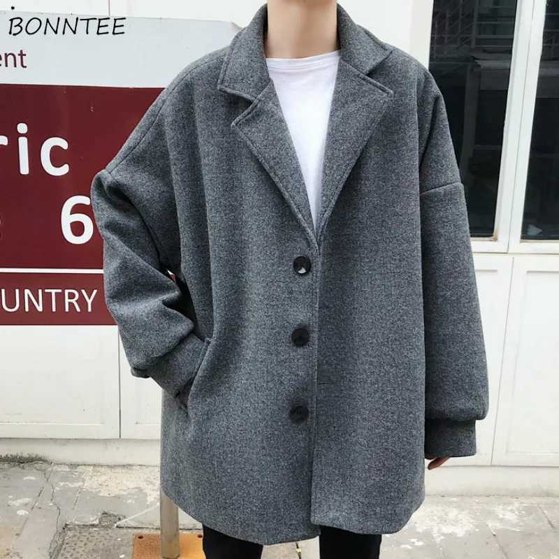 Woolen Coats Men Korean Trendy Loose Leisure All-match Solid Simple Warm Long Blends Mens Winter Clothes Oversize Ulzzang Chic LX241010