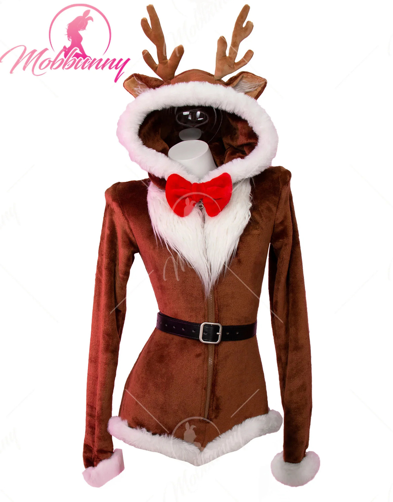 Mobbunny Womens Christmas reindeer fluffy tight jumpsuit sexy lingerie with socks home wear roleplaying 241007