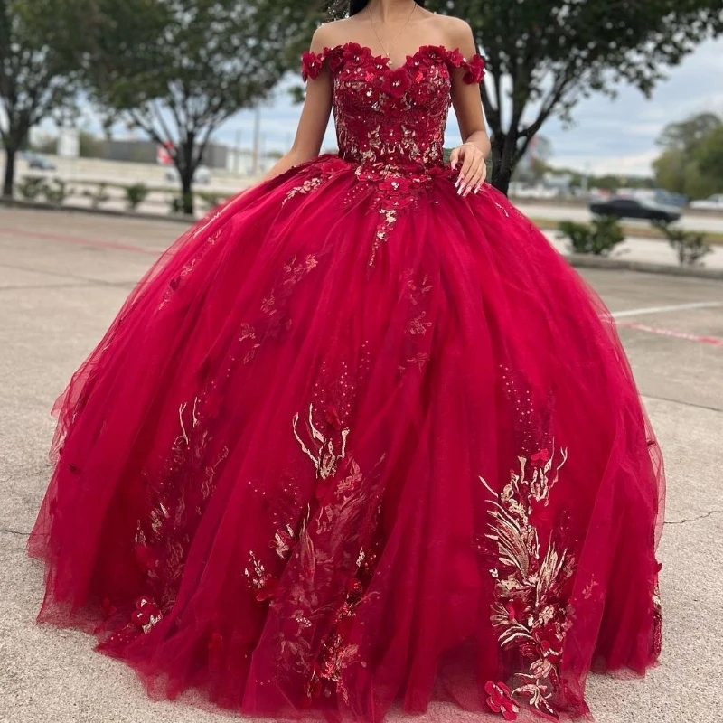 Luxury Red Off The Shoulder Quinceanera Dresses Beads Appliques Handmade Flowers Princess Ball Gowns Sweet 16 Party vestidos 15 Anos