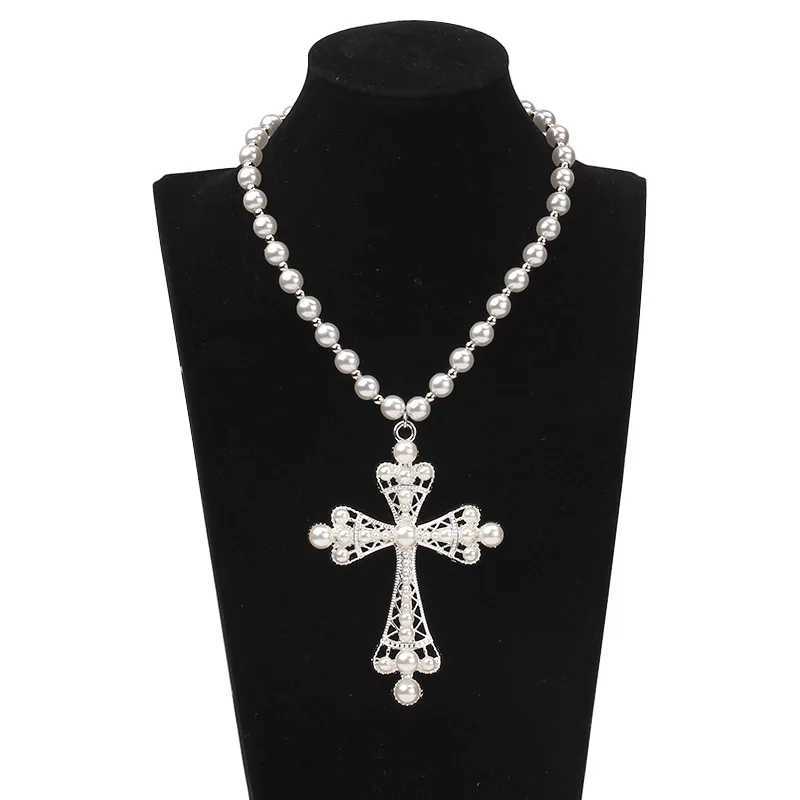 New Exquisite Personalized Fashion Hip-Hop Cross Imitation Pearl Versatile Necklace Jewelry For Women Jewelry Gift WholesaleX241009