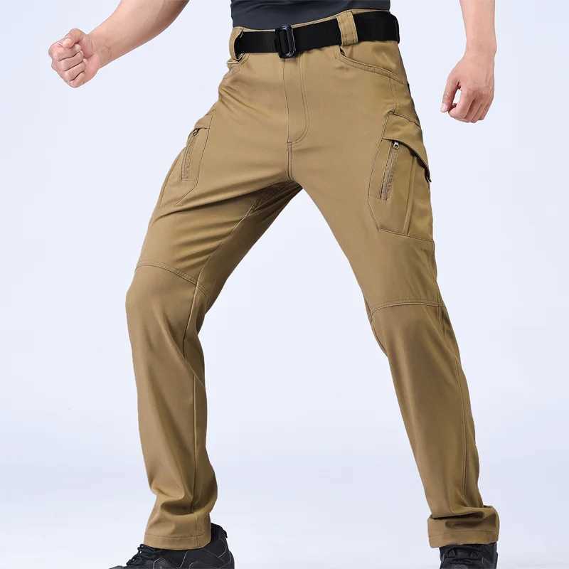 Mens soft shell elastic camping hiking climbing outdoor sports hiking spring and autumn cargo tactical fast drying pants W241009