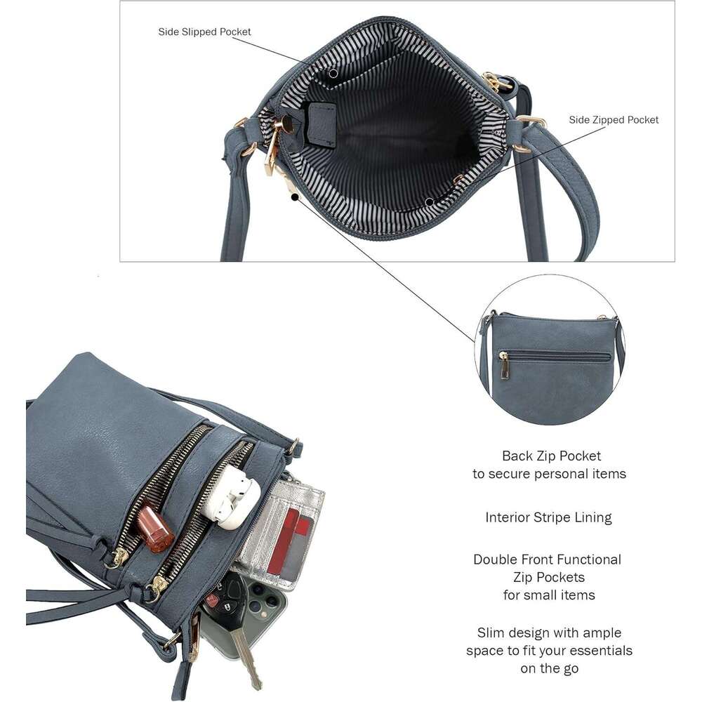 Crossbody Bag Functional Multi Pocket Double Zipper Adjustable Strap | Medium Size Purse |Dark Blue