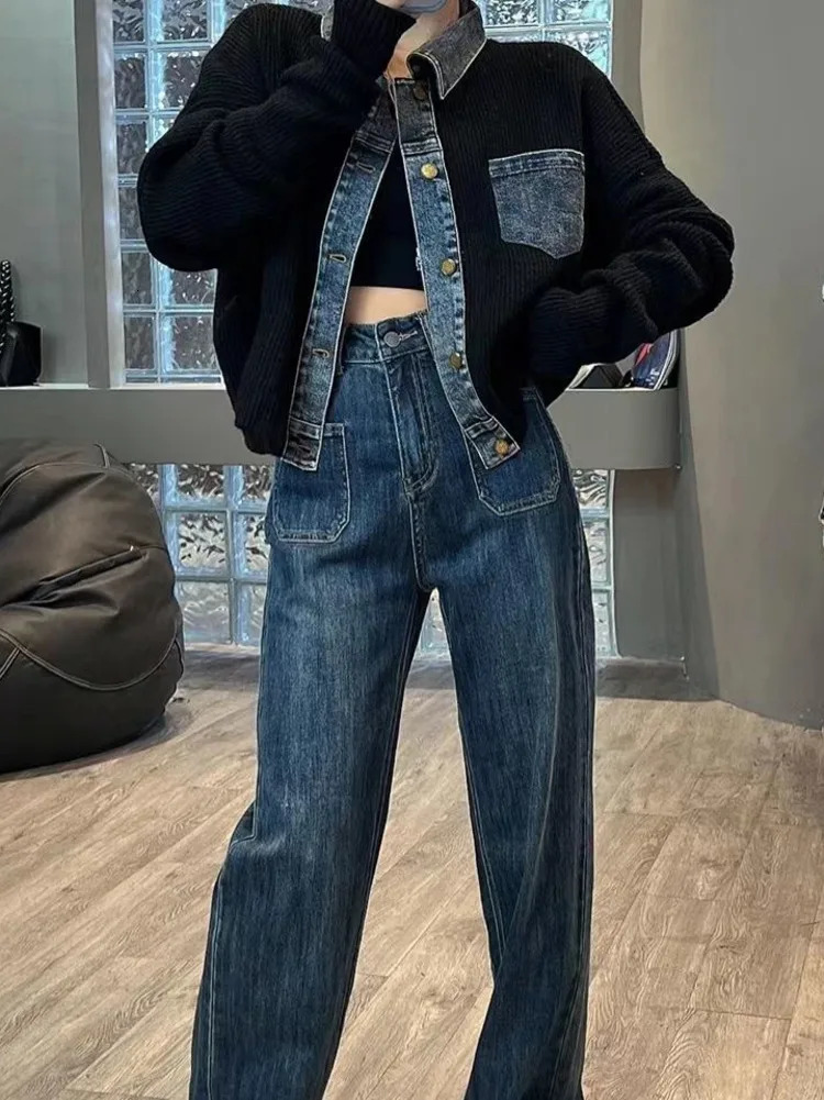 Vintage Denim Patchwork Loose Fashion Crop Knitted Cardigan Top For Womens Autumn Stitching Sweater 241007