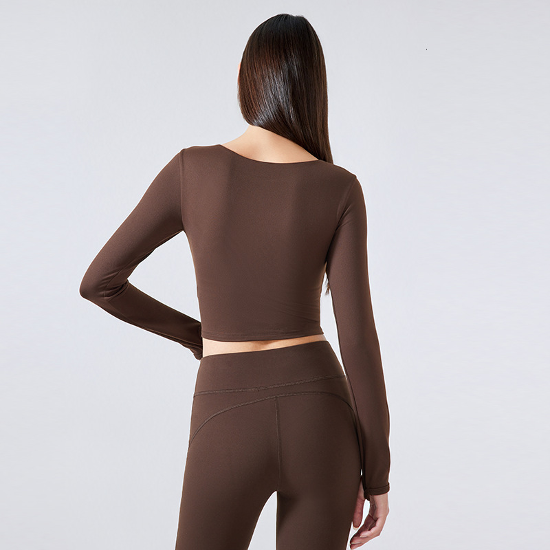 New nude yoga suit long sleeved with chest cushion elastic tight running and fitness top S2032