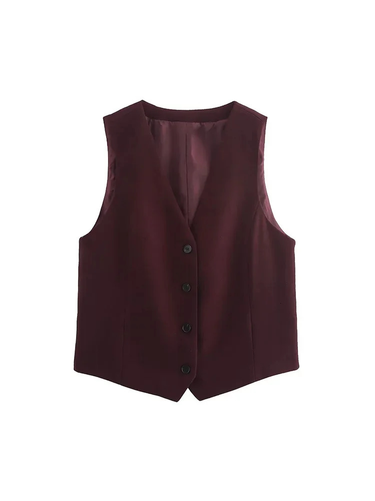 Willshela womens fashion twopiece solid vest and straight leg pants retro Vneck single chest set 241008