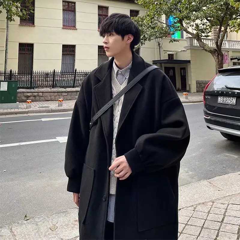 Winter trendy brand single-breasted mid-length woolen coat for men loose thickened warm windbreaker Korean style trendy for men LX241010