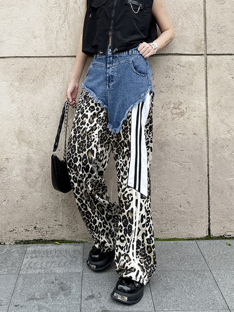 NYFS 2024 Summer New European American Street Woman Trendy Jeans Loose Plus Size Elastic Waist Denim Leopard Patchwork Trousers