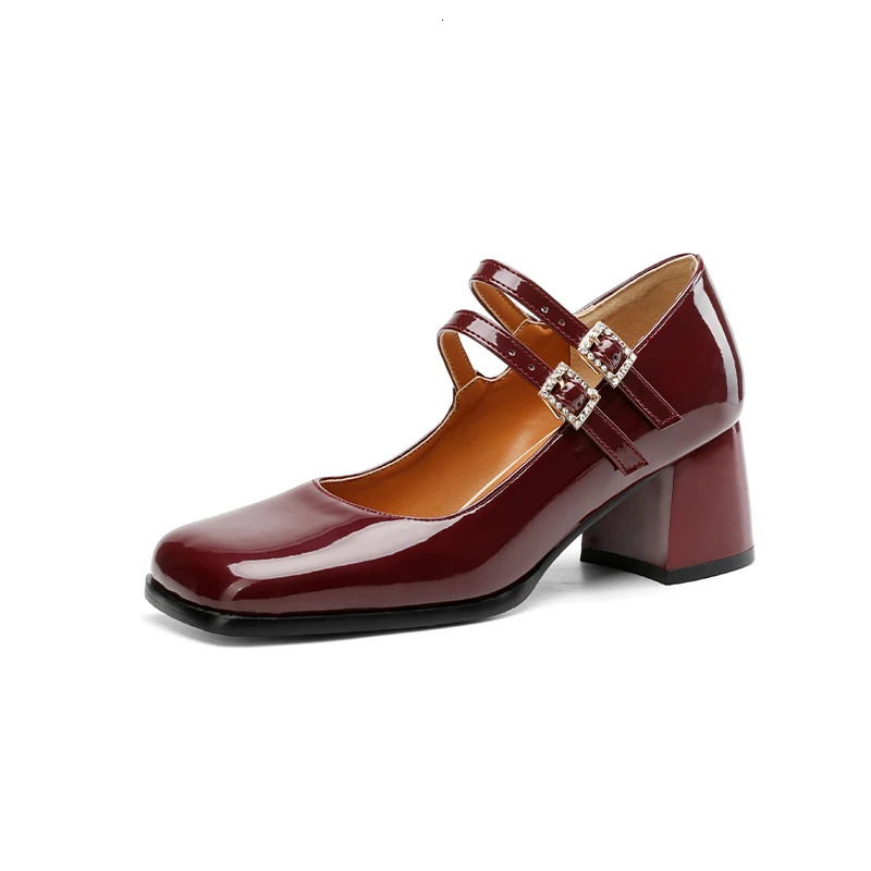 Spring Women Pumps 6cm Mary Jane Shoes French Double Strap Elegant Buckle Spring Autumn Patent Leather Burgundy Shoes 44 241007