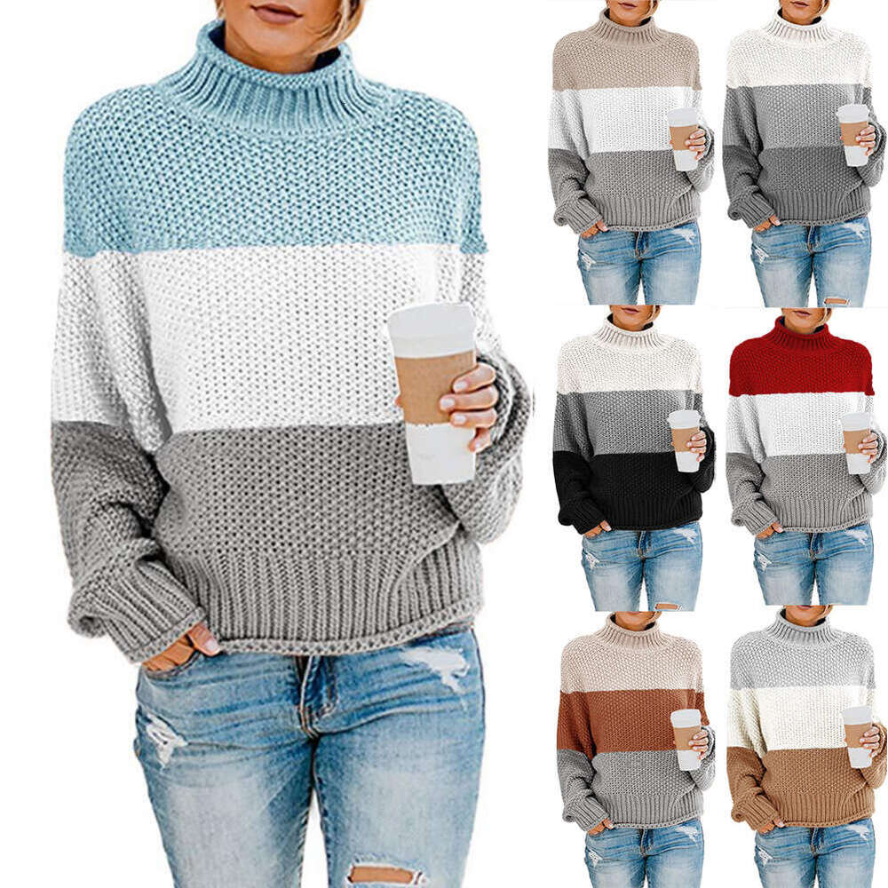 2024 autumn and winter new knitted sweater womens thick thread color blocked high neck pullover