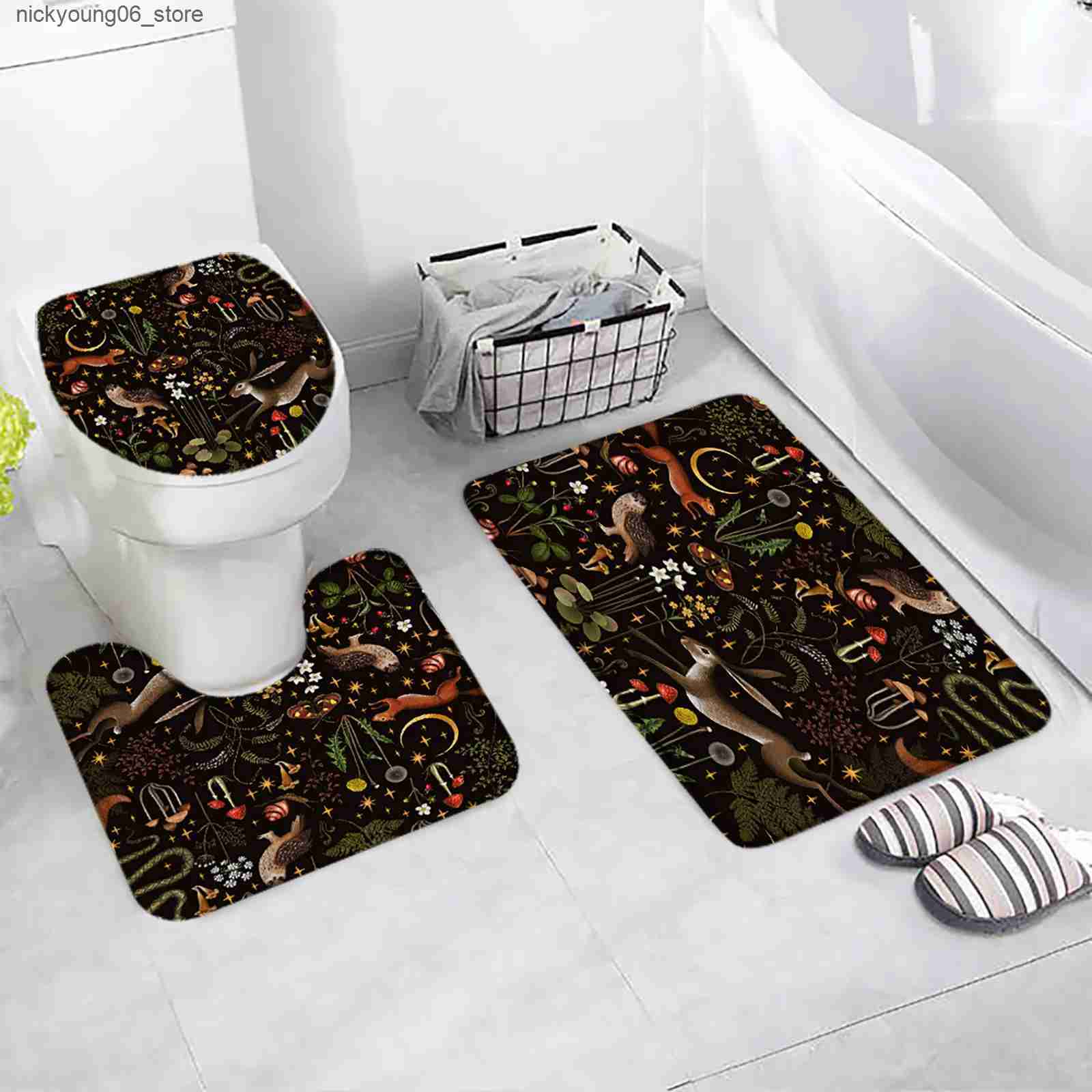 Non-Slip Bath Mats Vintage Mushroom Bath Mat Set White Daisy Floral Dragonfly Snail Green Leaves Plant Black Carpet Bathroom Decor Rug Toilet Cover L2