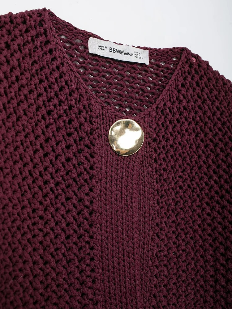 TRAF 2024 Autumn Winter Women Knitted Sweater Fashion Warm Solid Outwear With Pocket Loose Coat Top Vintage Long Sleeve Cardigan 241007