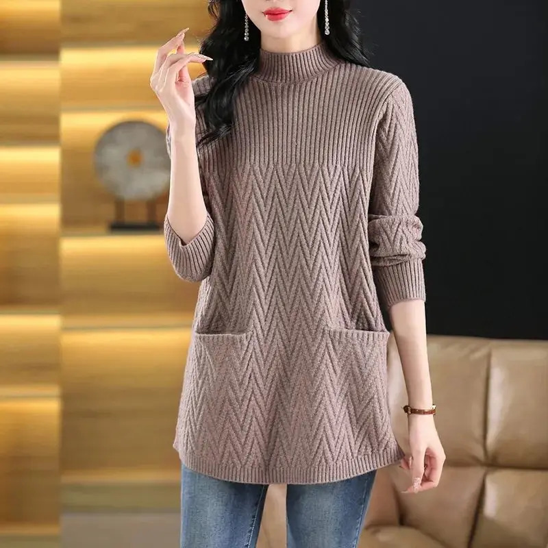 SummerAutumnWinter Womens Sweater Pulling Flower Solid Neck Pocket Threaded Fashion Long Sleeve Knitted Top 241007