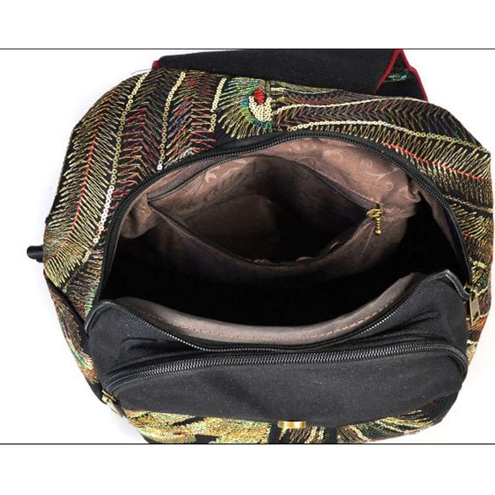 Vintage Canvas Boho Backpack For Women - With Phoenix Sequin Embroidery (Blue)