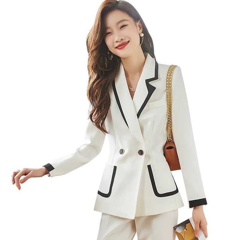 White green womens autumn winter pants set office womens formal business workwear 2-piece jacket and Trouser W241009