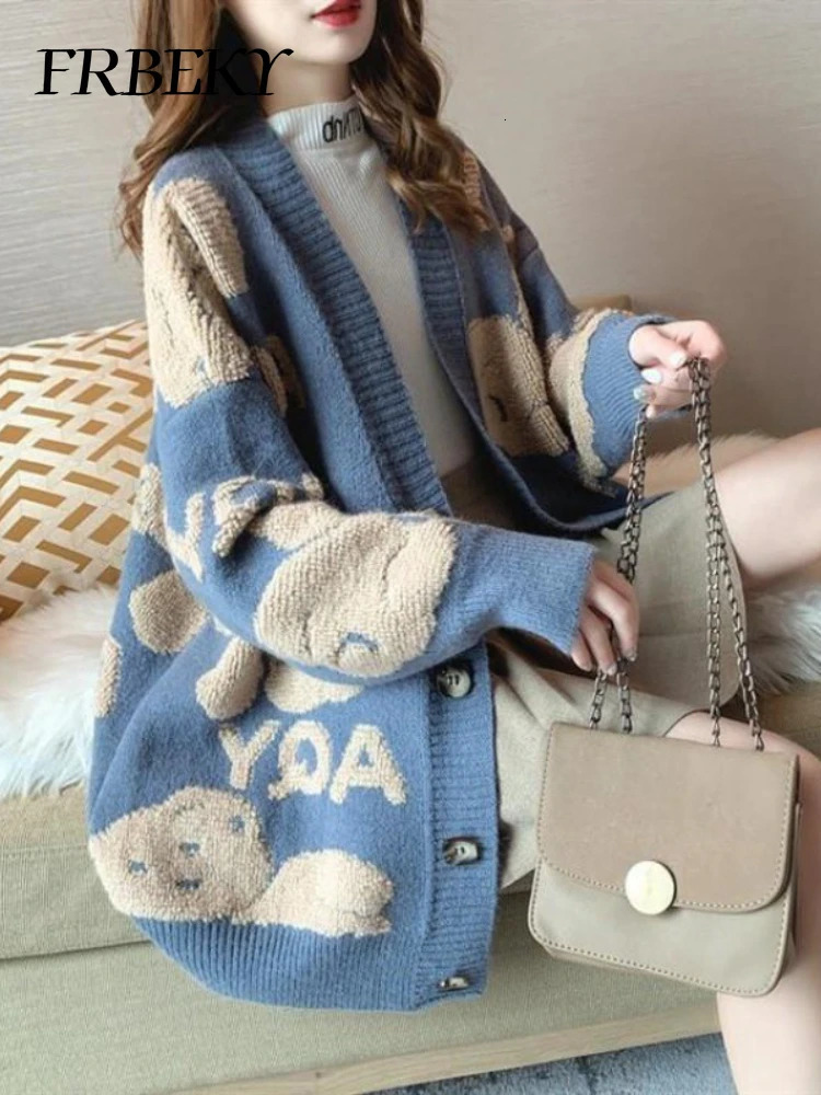 Cardigan Women Fashion Casual Sweater Jacket Loose Knitting Warm Cartoon Embroidery Vneck Jumper Knitted 241007