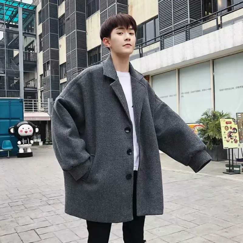 Woolen Coats Men Korean Trendy Loose Leisure All-match Solid Simple Warm Long Blends Mens Winter Clothes Oversize Ulzzang Chic LX241010