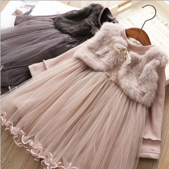 1-7 year old winter girls pink long sleeved lace bow dress baby vest dress childrens clothing princess solid color dress 241008
