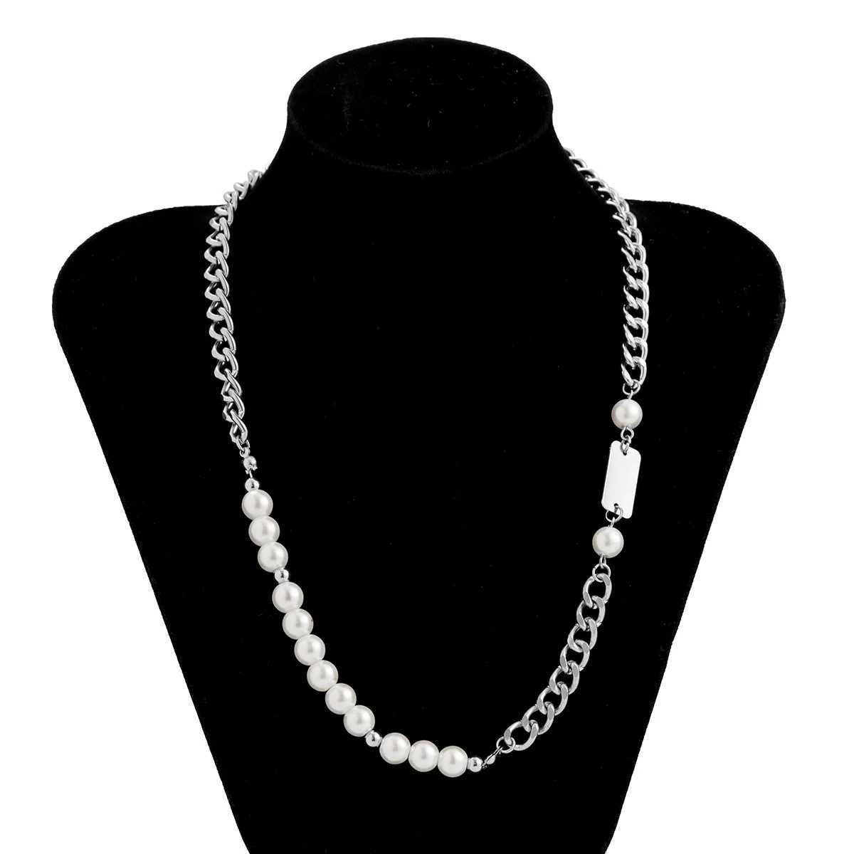 Hip Hop Asymmetric Curb Cuban Link Chain Necklace For Men Classic Imitation Pearl Beaded Collar High Quality Neo-gothic JewelryX241009