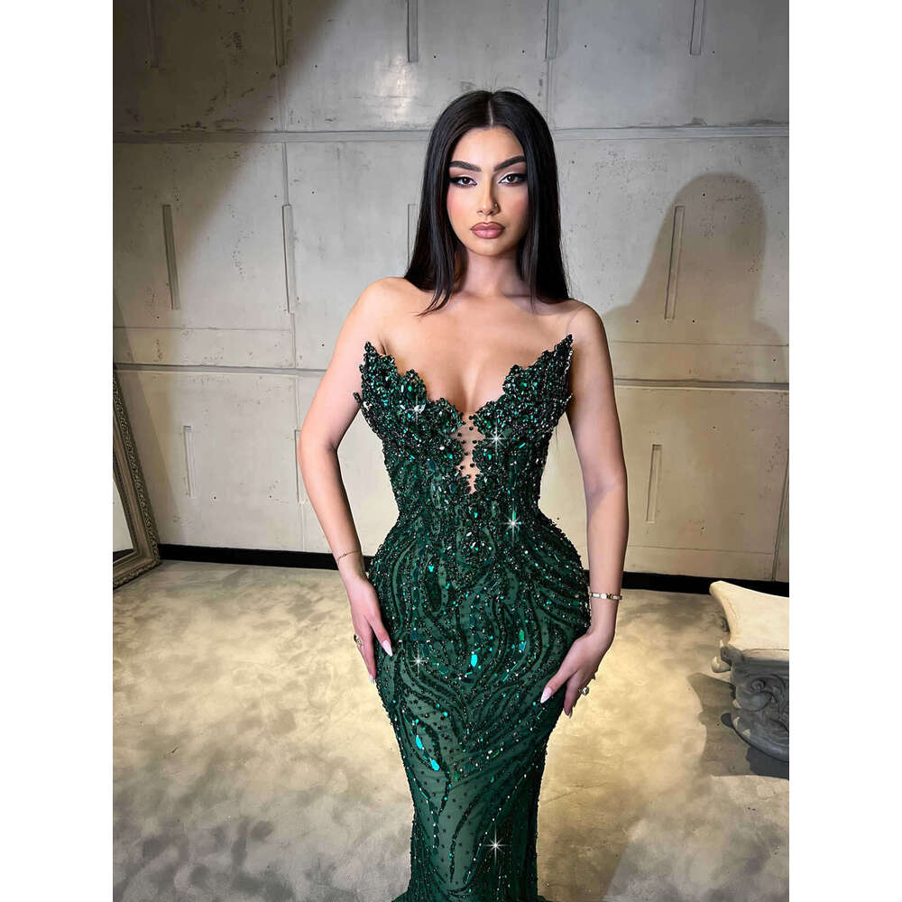 Classical Mermaid Gown Prom Strapless Crystals Beaded Lace Celebrity Party Evening Dresses Plus Custom Size Color