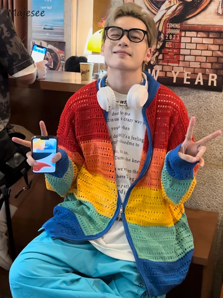 Colorful cardigan mens loose Japanese style street handsome Y2k aesthetic fully matched spring and summer unisex fashion casual 241007