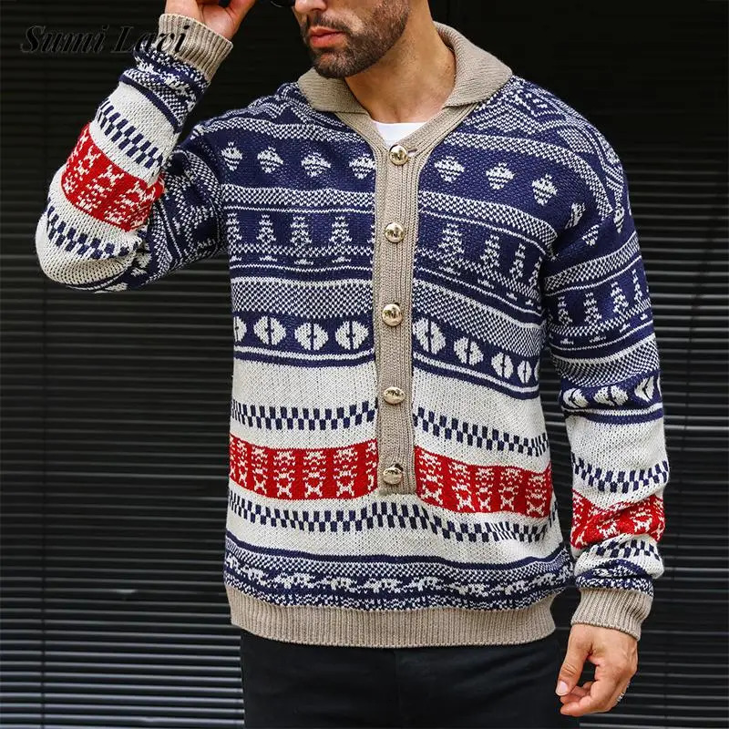 2024 Fall Winter Fashionable Sweaters For Mens Vintage Turn-down Collar Button-up Knitted Sweater Casual Long Sleeve Mens Tops 241007