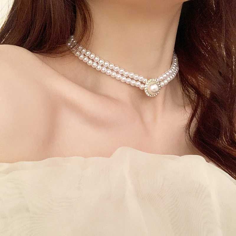 Two-layers Pearl Chokers for Women Luxury Crystal in Middle Double-layers Imitation Pearl Beads Wedding Neck Jewelry collarX241009