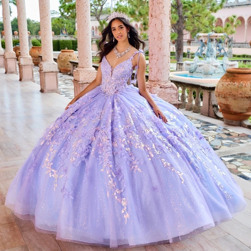 Lilac Shiny Sexy Spaghetti Strap Floral Gown Quinceanera Dress Sequin Applique Lace Beads Vestidos De 15 Anos Sweet 16 Dress
