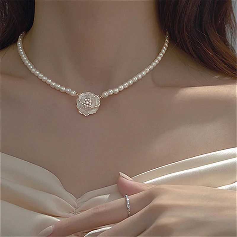 Camellia Pearl Necklace Womens Clavicle Chain Choker Korean Dongdaemun Same StyleX241009