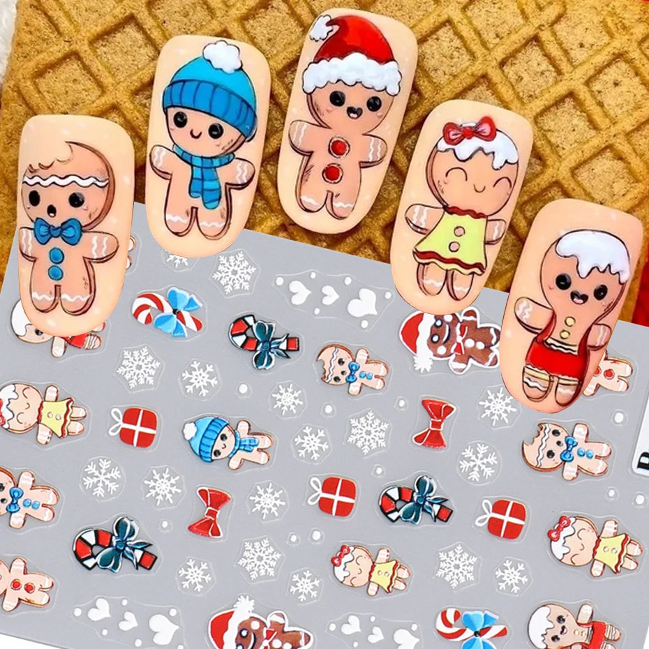Cute cartoon gingerbread mens embossed nail stickers 5D winter snowflakes Gonk Elk Santa Claus stickers charm Christmas handmade tips 241008