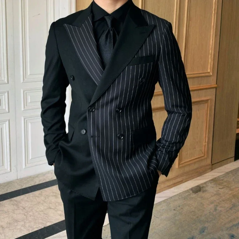 Double Breasted Striped Italian Suits For Men Wedding Custom Groom Tuxedos 2 Pcs American Style Male Fashion Blazer Pants 2024