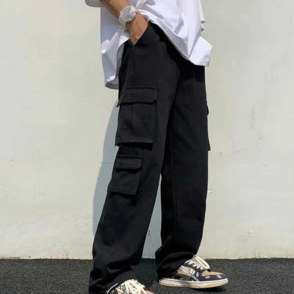 Mens cargo pants straight pants with multiple pockets solid color brushed elastic waist work and leisure pants W241009