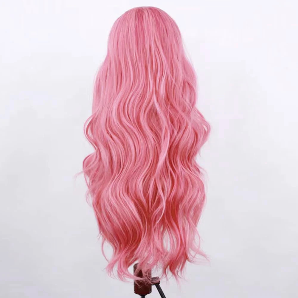 Synthetic front lace wig body wave lace wig womens pink wig heat-resistant long wave wig pink color daily use role-playing 241007