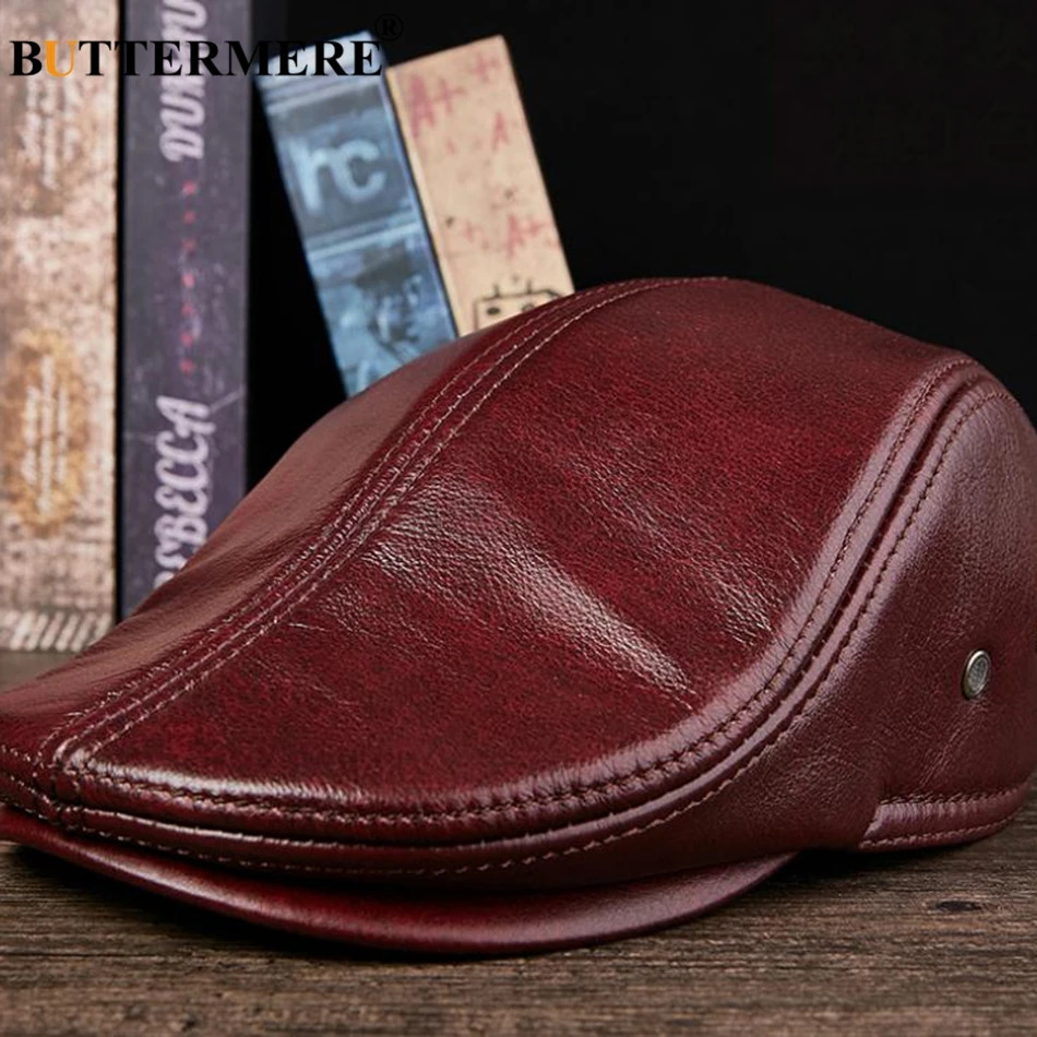 Buttermere flat top mens leather duckbill hat Beilei black casual director retro winter driving 241009