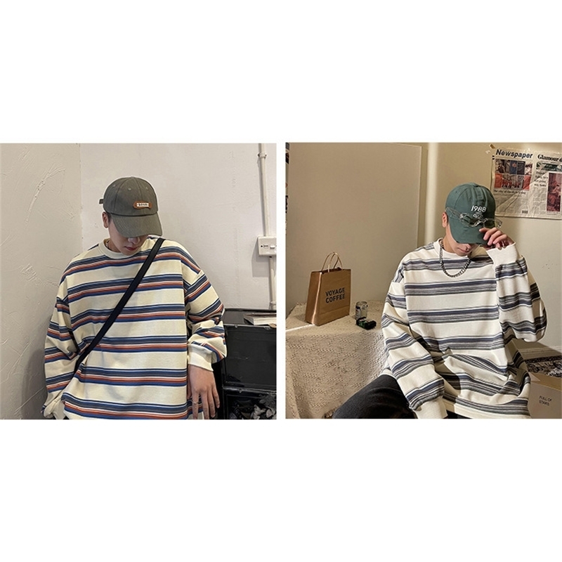 Hong Kong Style Striped Tshirt Loose Round Neck Spring Autumn n Few Lazy Top Men Casual Long Sleeve Shirt 241009