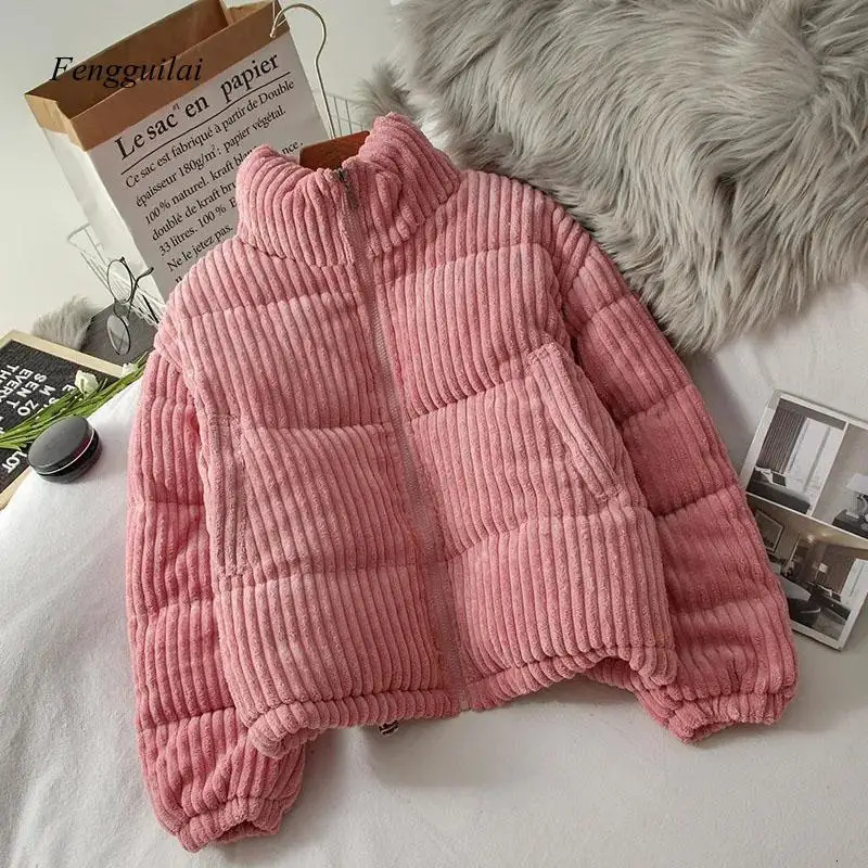 Korean Style Winter Corduroy Short Jacket for Women Black Loose Coats Casual Bread Warm Girl Oversize Coat Thick Parkas 240930