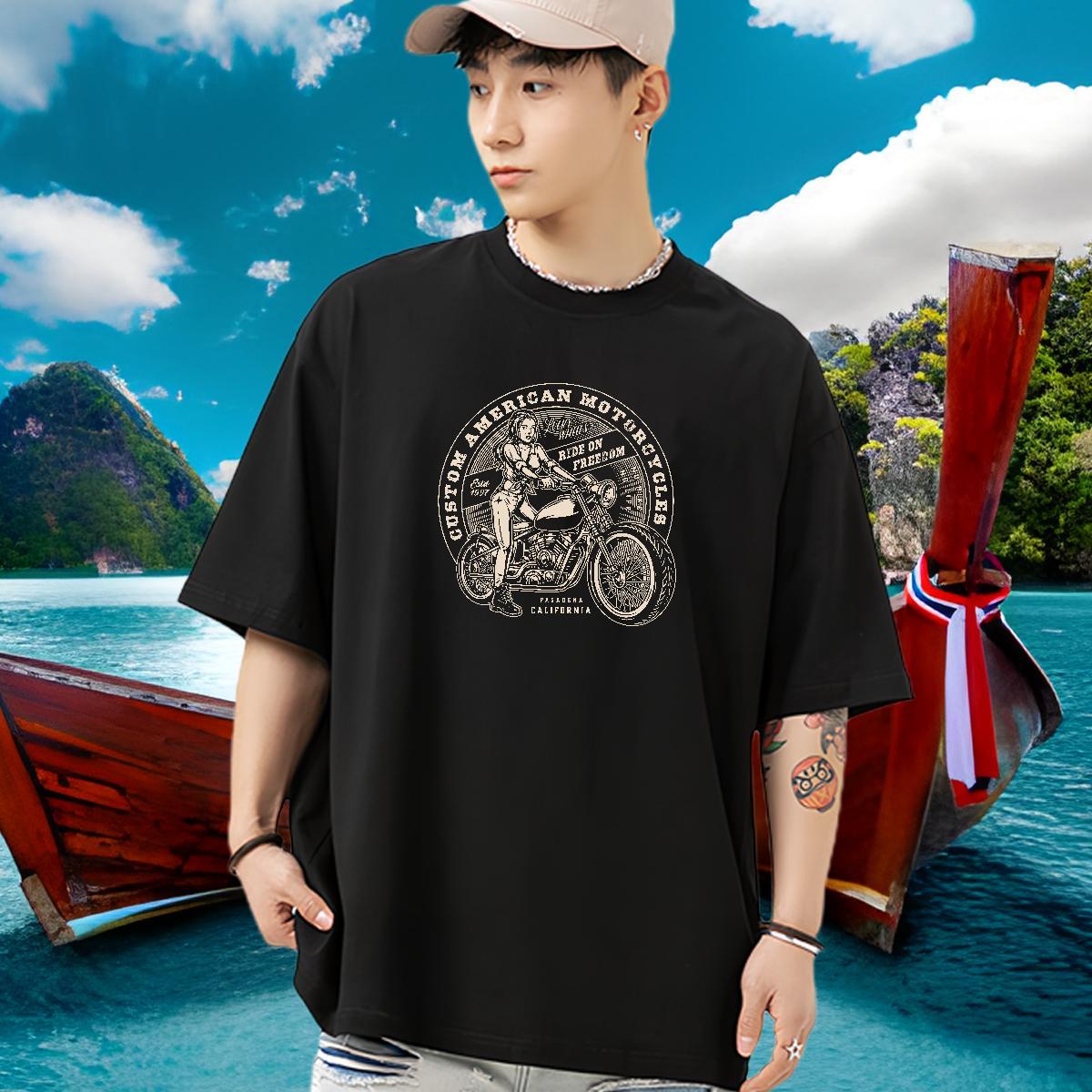 Loose Fit Men T Shirts 100% Cotton 230g Motorcycle High Street Hip Hop Plus Size Cartoon Breathable Crew Neck Men Tshirts Fashion Design Tees Shirts