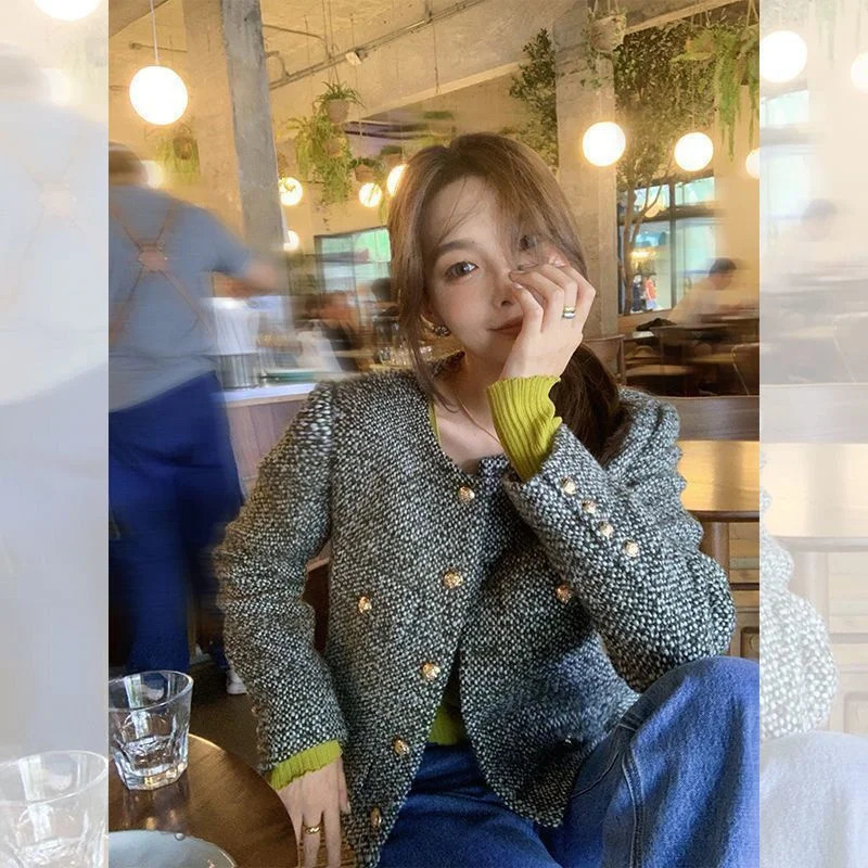 Womens tweed small perfume jacket single breasted jacket womens wool coat womens pocket coat black 240930